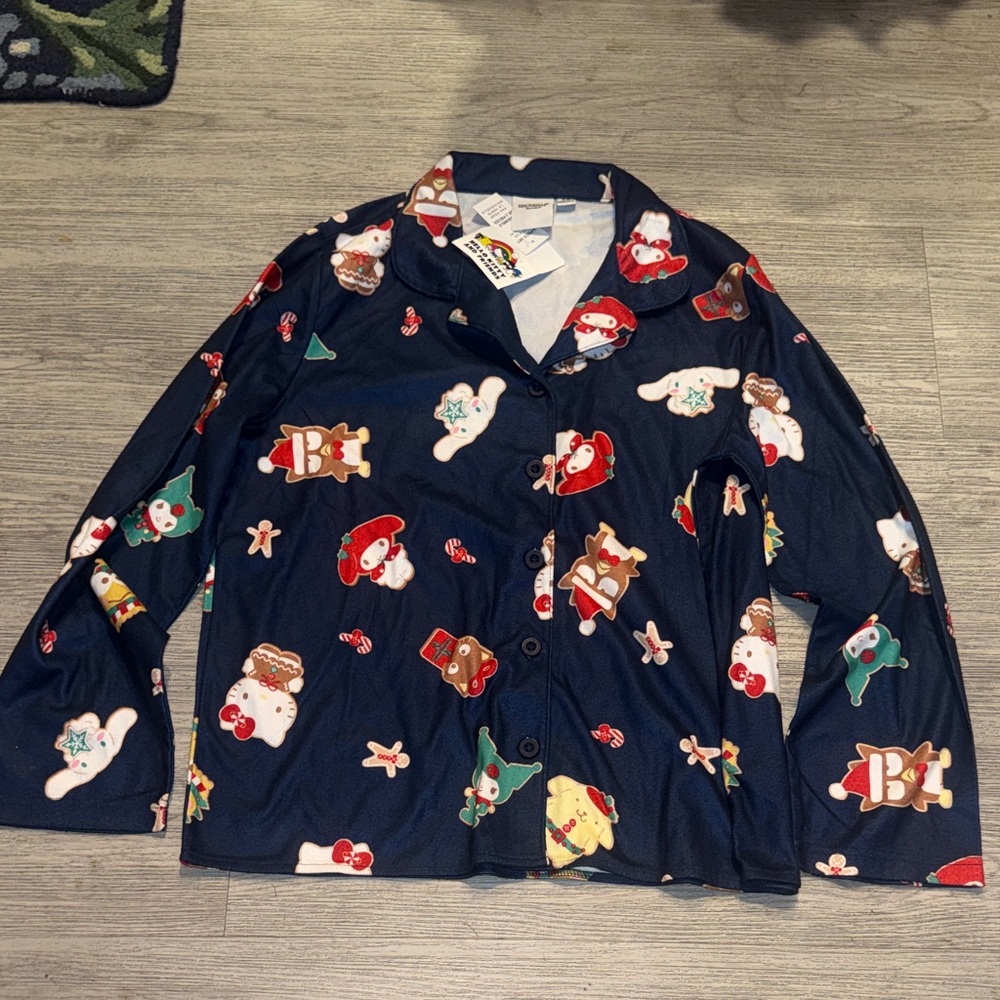 Hello Kitty Navy Holiday Character Print Button-Up Pajama Top